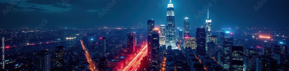 Fototapeta premium Night cityscape, towering screens show dynamic stock market data , business, finance, data