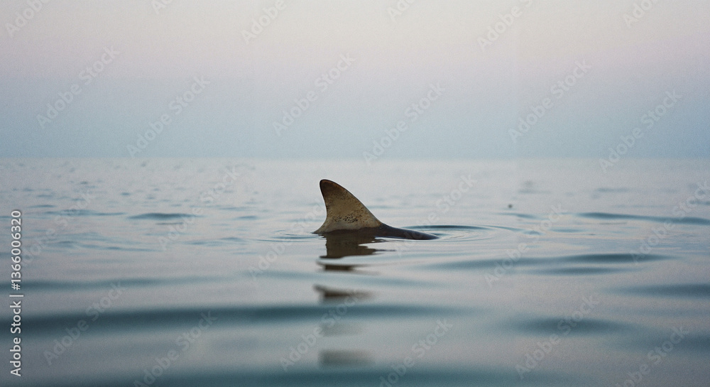 Fototapeta premium Shark fin emerging from calm ocean waters at dusk 