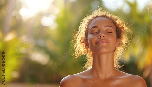 Woman meditating outdoors peaceful serene
