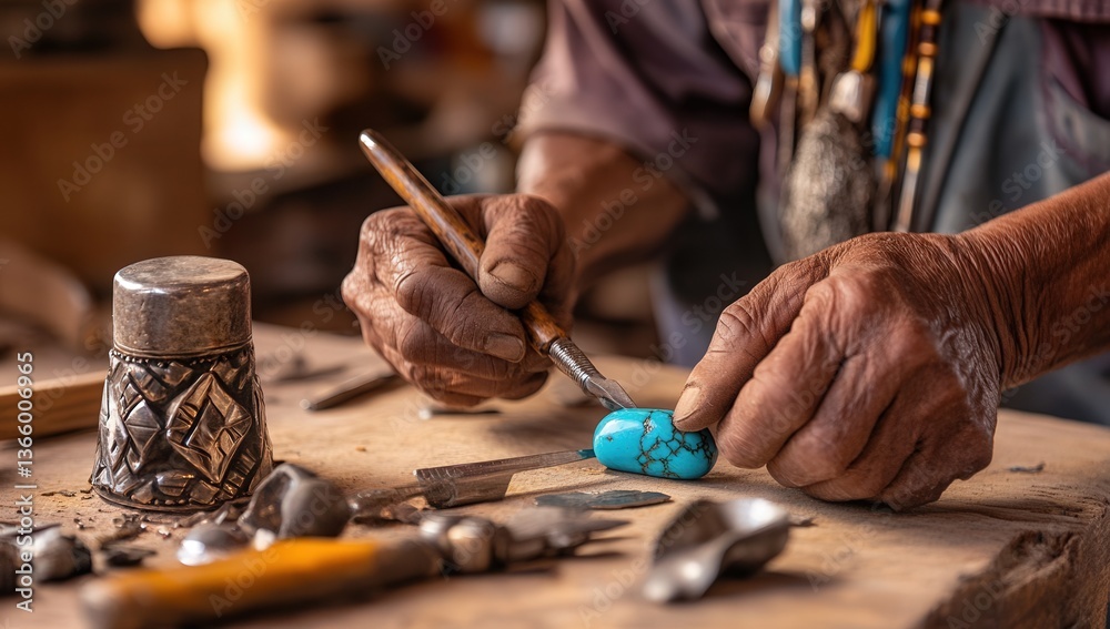 Fototapeta premium Skilled artisan crafting intricate turquoise jewelry in a workshop, showcasing detailed handwork and traditional tools.