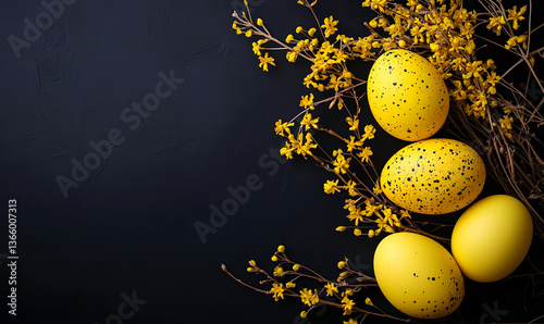 Easter eggs yellow with flowers on black background springtime holiday season festive decoration still life