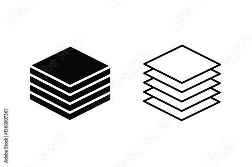 Layered Stacked Icons Data, Layers, Structure, Graphic, Design, Black, White, Illustration, Simple, 