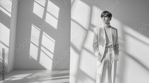 Young Man in Monochrome Outfit with Oversized Blazer and Turtleneck