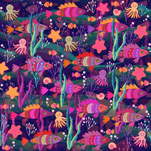 Bright seamless pattern with cute cartoon fish, octopuses and starfish swimmi...