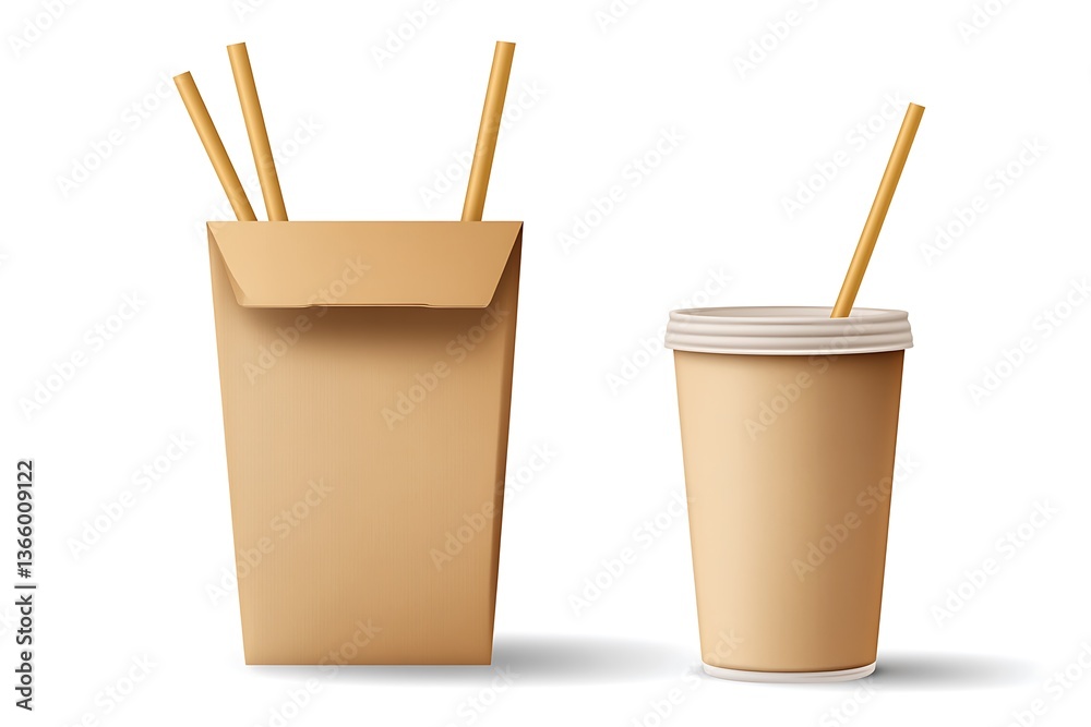 Disposable paper cup and straws isolated on a white background Disposable paper cup and straws isolated on a white background
