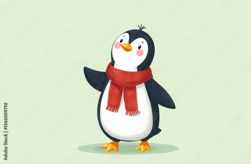 Obraz premium Adorable cartoon penguin wearing a bright red scarf on a soft green background. Ideal for children's illustrations and cheerful cartoons.