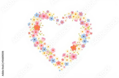 Charming heart shape made from colorful flowers against a white background. Ideal for children's illustrations and artwork related to love and friendship.