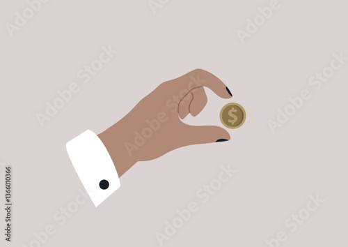 Delicate fingers gently hold a shiny coin, representing wealth and transaction, set against a soft, muted background that enhances the focus on the object