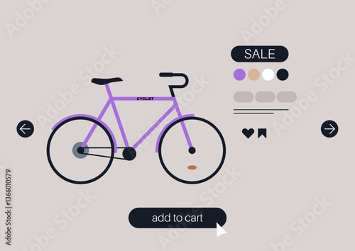 A vibrant purple bicycle is showcased on an online shopping platform, enticing cycling enthusiasts with its sleek design and add to cart option, perfect for new adventures