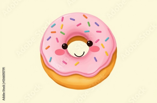 Cute animated donut with pink frosting and colorful sprinkles, featuring a cheerful face. Perfect for children's illustrations and cartoons.