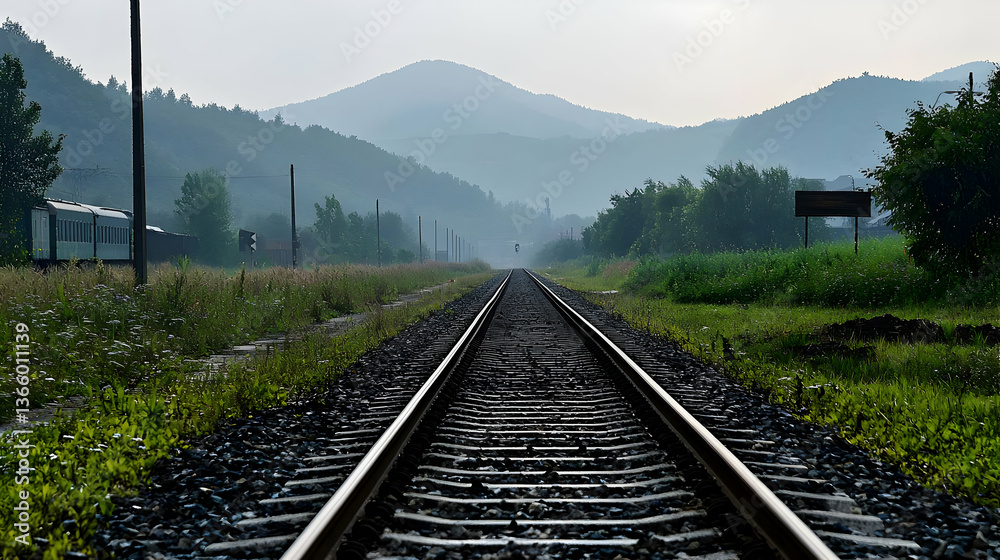Fototapeta premium Railway Tracks Extending Toward Mountains Under a Hazy Sky with Green Vegetation and Train
