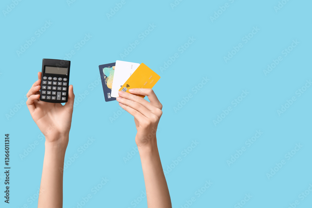 Female hands with credit cards and calculator on blue background Female hands with credit cards and calculator on blue background