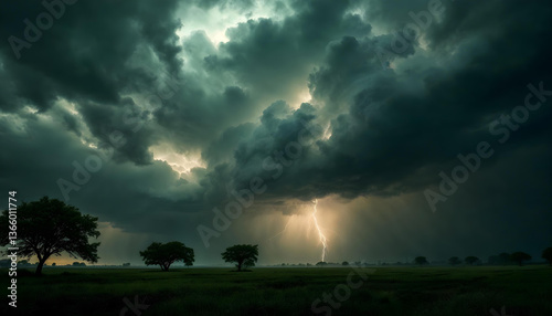 Powerful thunderstorm raging over an open landscape