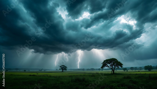 Powerful thunderstorm raging over an open landscape