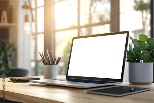 Wallpaper Mural Mockup image of laptop with blank white screen on table in modern office Torontodigital.ca