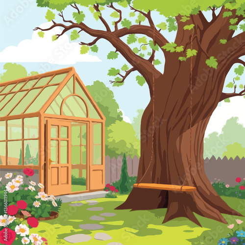 A Wooden Greenhouse Nestled Beside a Majestic Tree with a Rustic Swing, Surrounded by Vibrant Flowers and a Lush Green Landscape