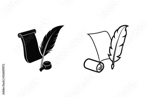 Quill Pen and Scroll Writing, Scribing, Manuscript, Symbol, Icon, Ancient, Classic, Literacy, Literal