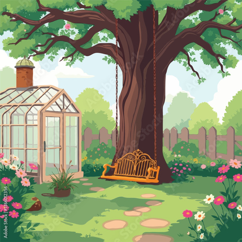 A Wooden Greenhouse Nestled Beside a Majestic Tree with a Rustic Swing, Surrounded by Vibrant Flowers and a Lush Green Landscape