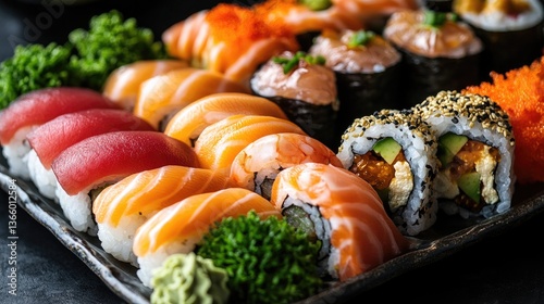 An enticing variety of rolls, nigiri, and sashimi features a beautifully arranged sushi platter, garnished with wasabi and pickled ginger, creating an eye-catching composition with room for text.