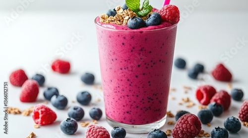 A clear cup contains a berry smoothie, garnished with granola, blueberries, and raspberries, all set against a bright white backdrop with strong side lighting.