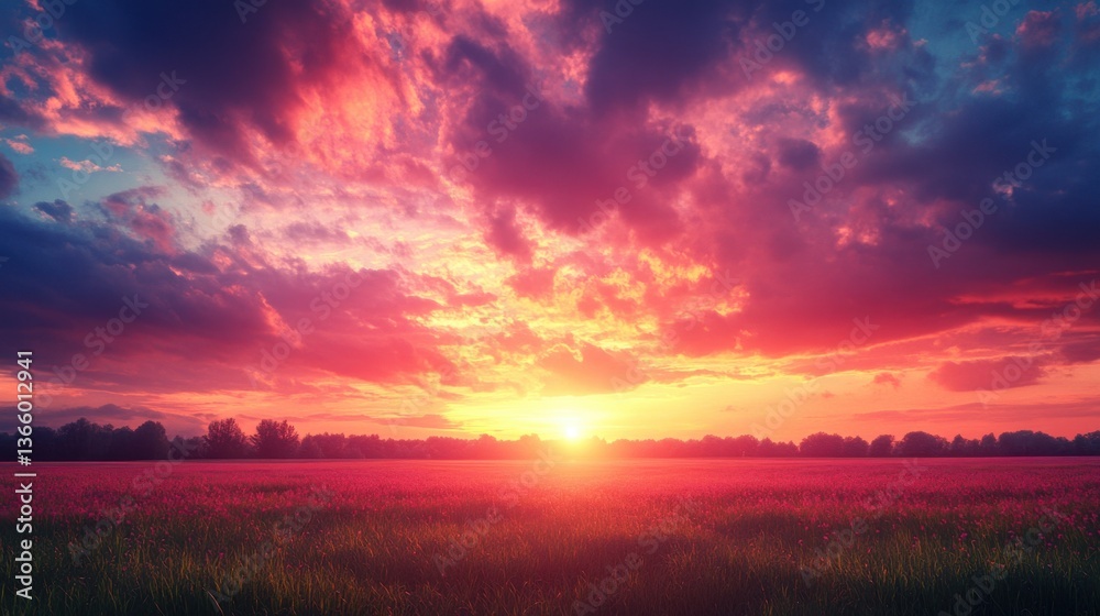 Fototapeta premium Crimson Bloom Horizon: A Field Ablaze in Sunset's Fiery Embrace (96 characters)