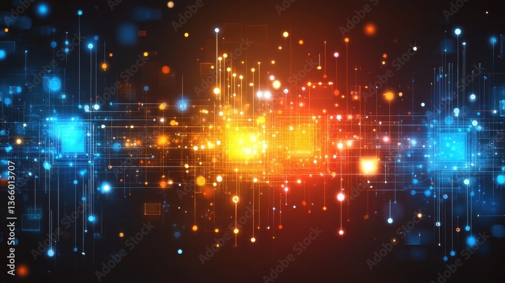 Fototapeta premium Abstract Tech Network: A Vibrant Dance of Data Streams in Blue and Orange Hues, Modern Futuristic Design.