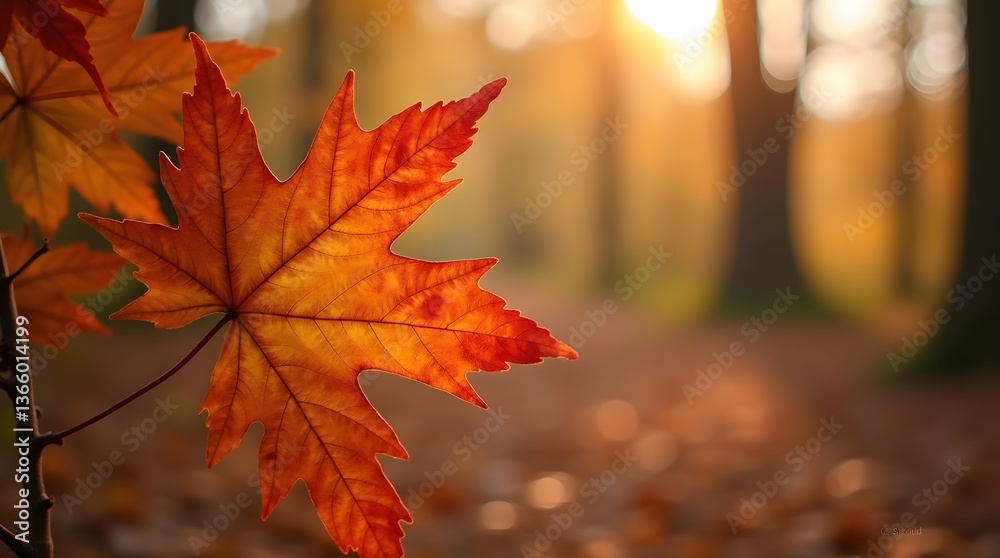 A close-up of a vibrant orange maple leaf against a blurred autumn forest background, perfect for nature, fall, and seasonal designs. A close-up of a vibrant orange maple leaf against a blurred autumn forest background, perfect for nature, fall, and seasonal designs.