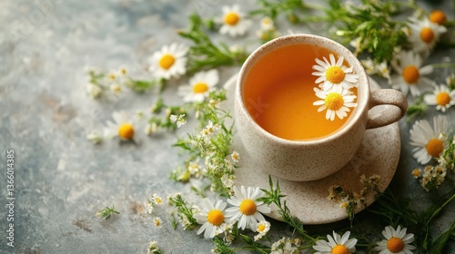 A cup of bright chamomile tea surrounded by scattered leaves, herbal radiating warmth and tranquility.