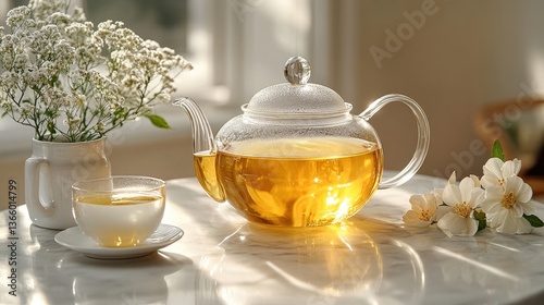 A clear teapot and matching cup showcase a bright yellow herbal infusion, resting elegantly on a pristine white marble surface.
