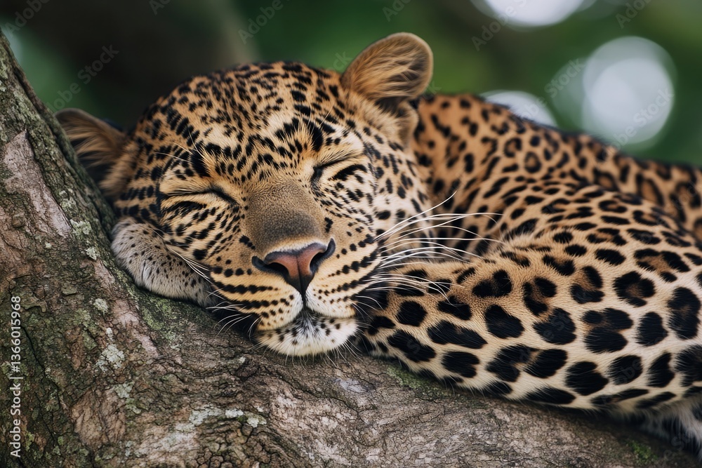 Fototapeta premium Leopard resting peacefully on tree branch, showcasing stunning s