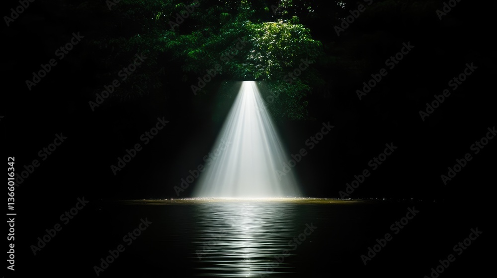 Illuminated cave opening over tranquil water Illuminated cave opening over tranquil water
