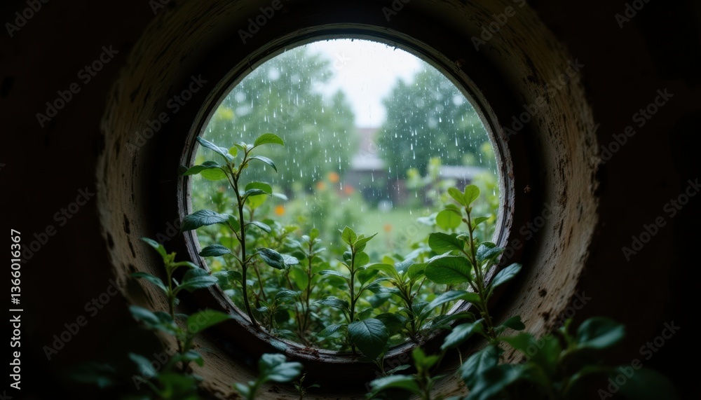 Fototapeta premium Rainy Day Retreat Craft an intimate image of a round window showcasing a lush garden during a gentle rain, with drops trickling down the glass and plants glistening