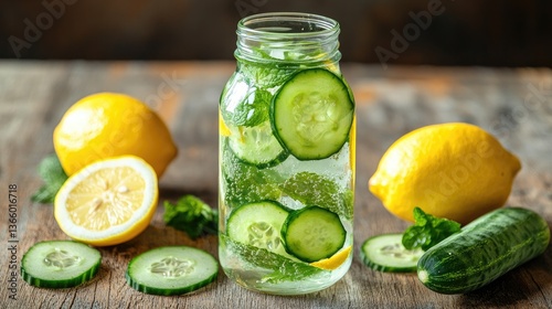 A glass bottle of refreshing detox water, infused with lemon, cucumber, and mint, beautifully arranged on a clean light wooden backdrop.