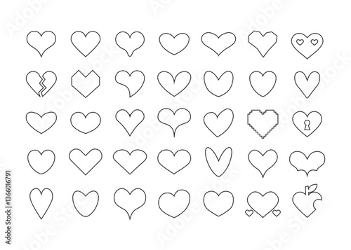 Complete black thin line blank and isolated different shapes assorted heart icons design element set on white background 