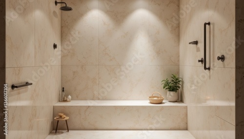 Zen Minimalism Generate a serene shower environment with a minimalist design, showcasing natural stone walls, soft ambient lighting
