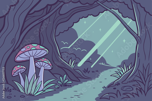82 Fantasy cave entrance, magical underground garden, bioluminescent plants, ethereal light beams, colorful glowing mushrooms, mystical pathway, dreamy atmosphere, vibrant colors, underwater-like scen