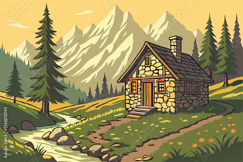 83 Cozy stone cottage, Alpine setting, Majestic snow-capped mountains, Lush green meadow, Winding stone path, Golden sunlight, Towering evergreen trees, Rustic wooden door, Thatched roof, Blooming wil