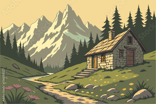83 Cozy stone cottage, Alpine setting, Majestic snow-capped mountains, Lush green meadow, Winding stone path, Golden sunlight, Towering evergreen trees, Rustic wooden door, Thatched roof, Blooming wil