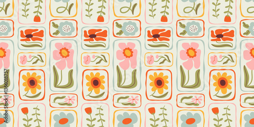 Colorful floral seamless pattern illustration. Vintage style flower frame background design. Geometric natural wallpaper print, spring season nature backdrop texture with flowers.