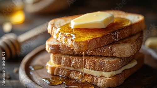 Artfully stacked high, a close-up of honey toast showcases layers of butter and syrup, inviting indulgence with its golden texture and aroma.