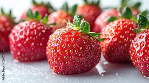 A close-up of vibrant, luscious red strawberries, adorned with glistening water droplets, positioned against a spotless white background that emphasizes their freshness.
