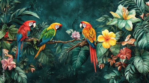 A jungle-themed wallpaper with vibrant tropical animals like parrots and monkeys, surrounded by lush greenery and foliage