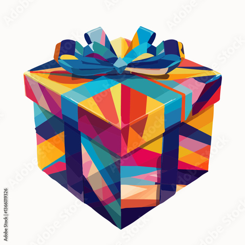Colorful geometric gift box with ribbon in bright hues  