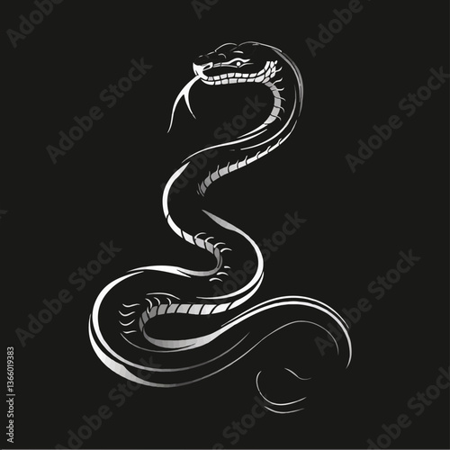Elegant snake illustration in monochrome style against black background  