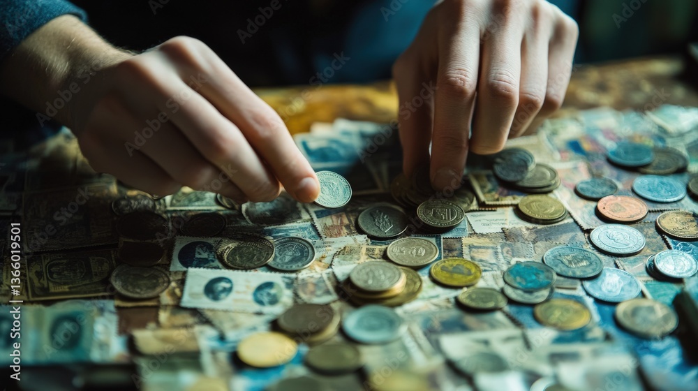 Fototapeta premium Person sorts coins on a surface covered with old postage stamps
