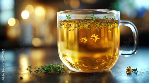 A modern clear mug captures a close-up shot of a refreshing golden yellow herbal drink with tiny floating herbs.