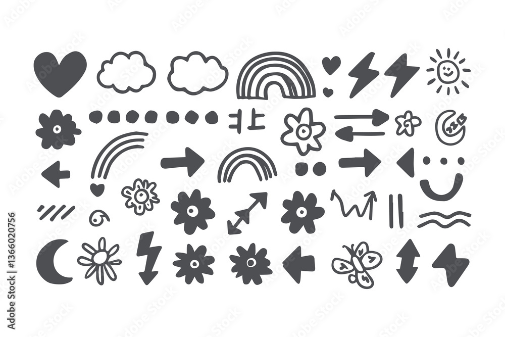 Obraz premium Hand-Drawn Crayon Doodle Set: Playful Hearts, Stars, Clouds, Rainbow, Lightning, Flowers, Arrows, Notes, Sun, Moon, Butterfly, and More in a Fun Childlike Artistic Style Vector Illustration