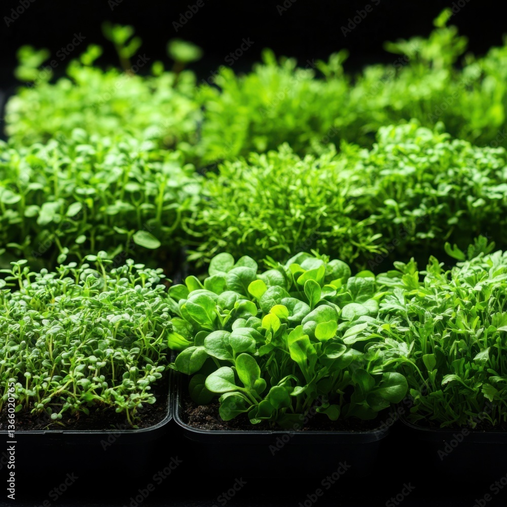 Close-up of young saplings and microgreens sprouting in rich soil. Close-up of young saplings and microgreens sprouting in rich soil.
