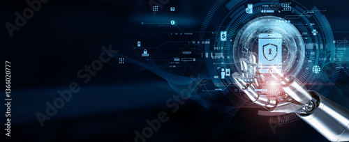 Hands of robots touch mobile security through automation, intrusion detection, remote monitoring, data encryption, threat analysis, real-time surveillance, integration, risk mitigation, scalability.