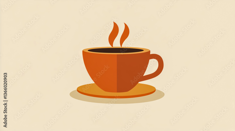 Obraz premium A stylized illustration of a steaming orange cup of coffee on a saucer against a beige background